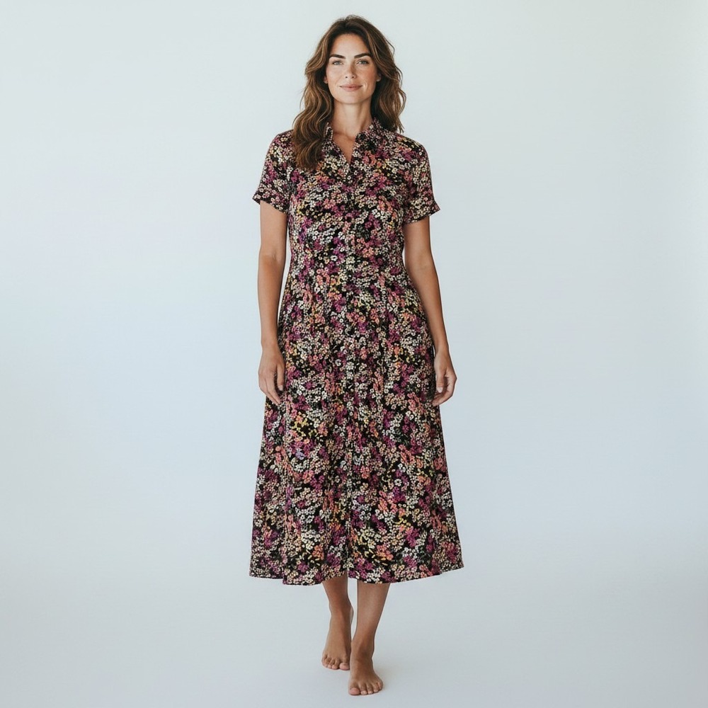 Calvin Klein Jeans Floral Midi Dress Womens M Black Pink Button Front Viscose - Picture 2 of 11
